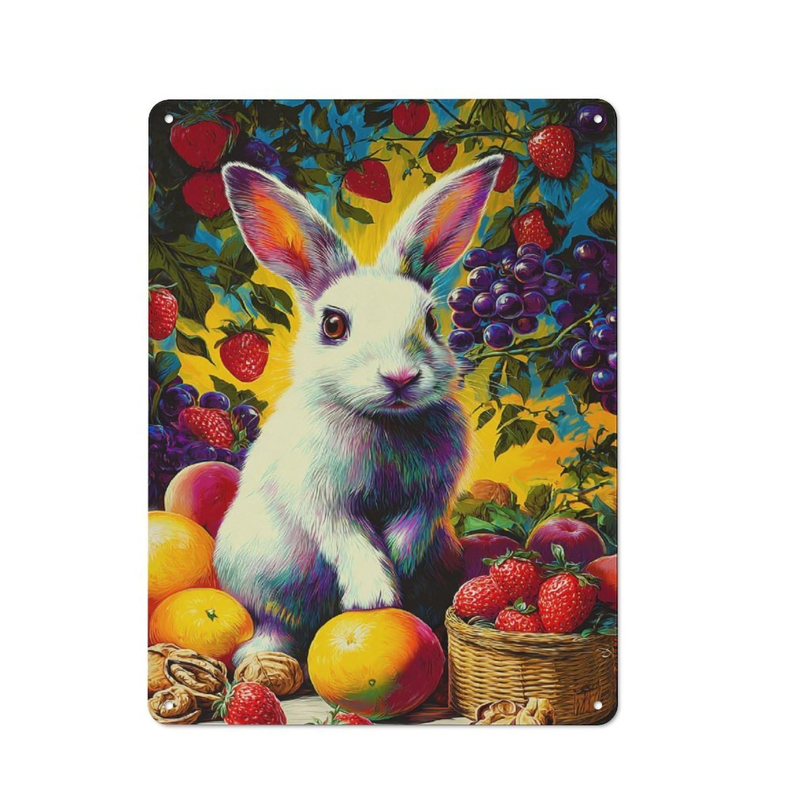 Junmoney Colorful Bunny Amidst Fruits Metal Wall Sign 40X30cm Featuring For Garage Or Workshop, For Vintage Wall Decor Fans, For Metal Sign Collectors