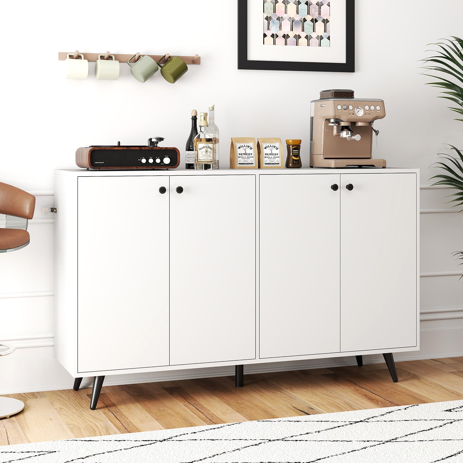 COSTWAY Sideboard Holz, Kommode mit 4 Türen & 5-Fach verstellbare Ablagen, Anrichteschrank Buffetschrank Küchenschrank, Schrank modern, für Wohnzimmer, Küche, Esszimmer, 127,5 x 38 x 80 cm, Weiß