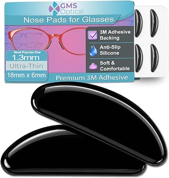 GMS Optical Adhesive Silicone Nose Pads for Glasses |1.3mm Ultra-Thin, 18mm Large | Non Slip Glasses Grips for, Sunglasses and Eyewear w/Super Sticky Backing, Eyeglass Accessories 5 Pairs, Black