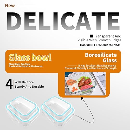 Miniatura 6 de Are l Paquete de 4 recipientes de vidrio para preparación de comidas con tapas de cierre a presión, recipientes de vidrio para alimentos, recipiente