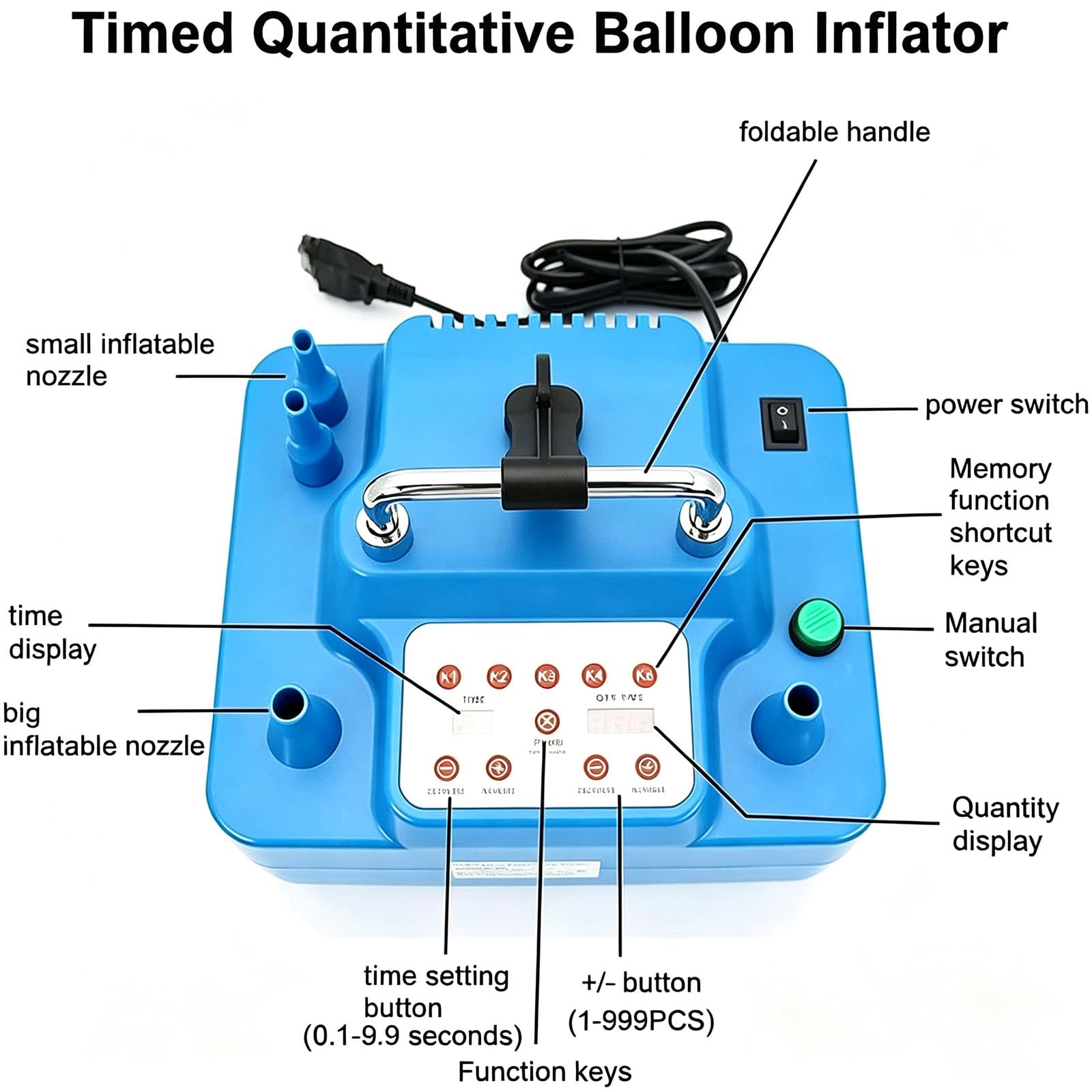 Bomba Eléctrica para Globos, Bomba De Aire Eléctrica con 2 Boquillas, Temporizador Y Control De Pedal, Inflado Rápido, Tiempo Ajustable, para Uso Comercial, Fiestas De Cumpleaños Y Bodas.