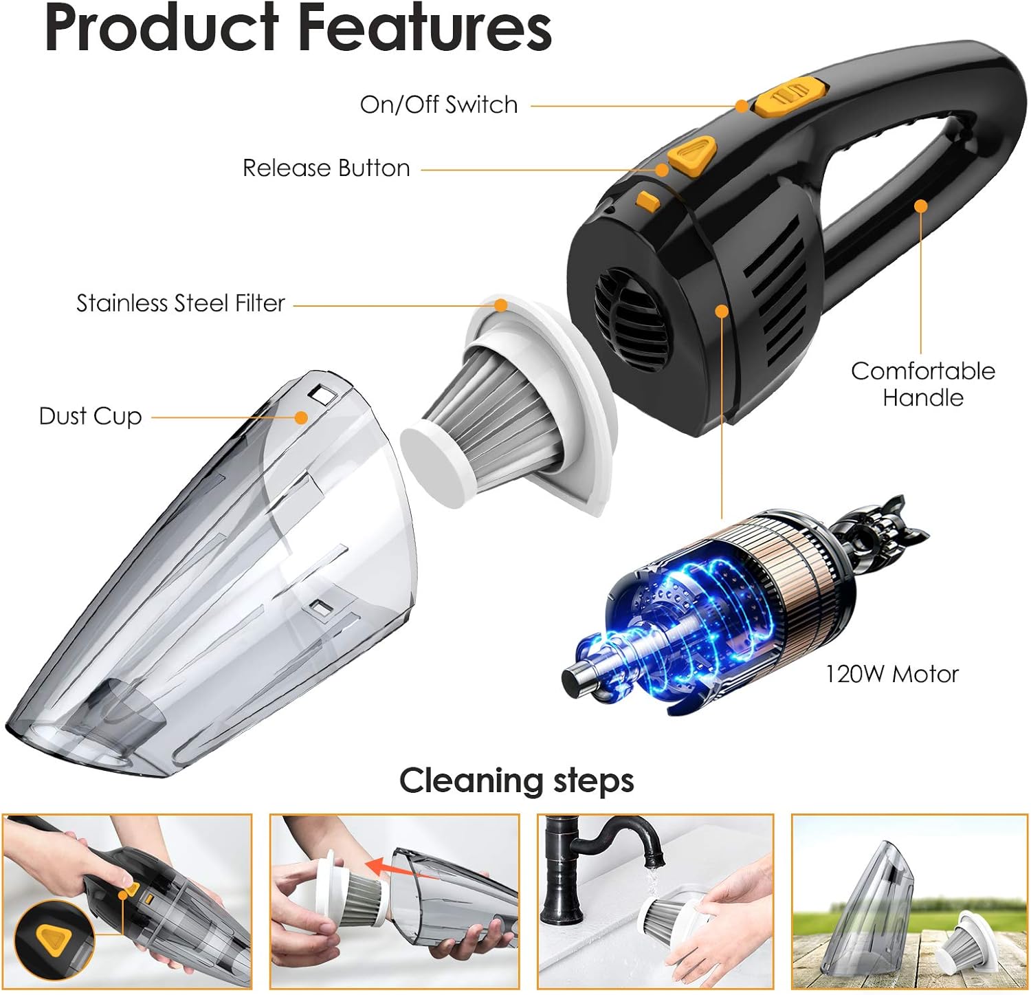 Handheld Vacuum Cordless, Oudekay 9000PA 120W High Power Portable Hand Held Vacuum Cleaner Rechargeable Car Vacuum Cordless Dry Wet Vac with Stainless Steel Filter Small Hand Vac for Pet Hair (Black) -