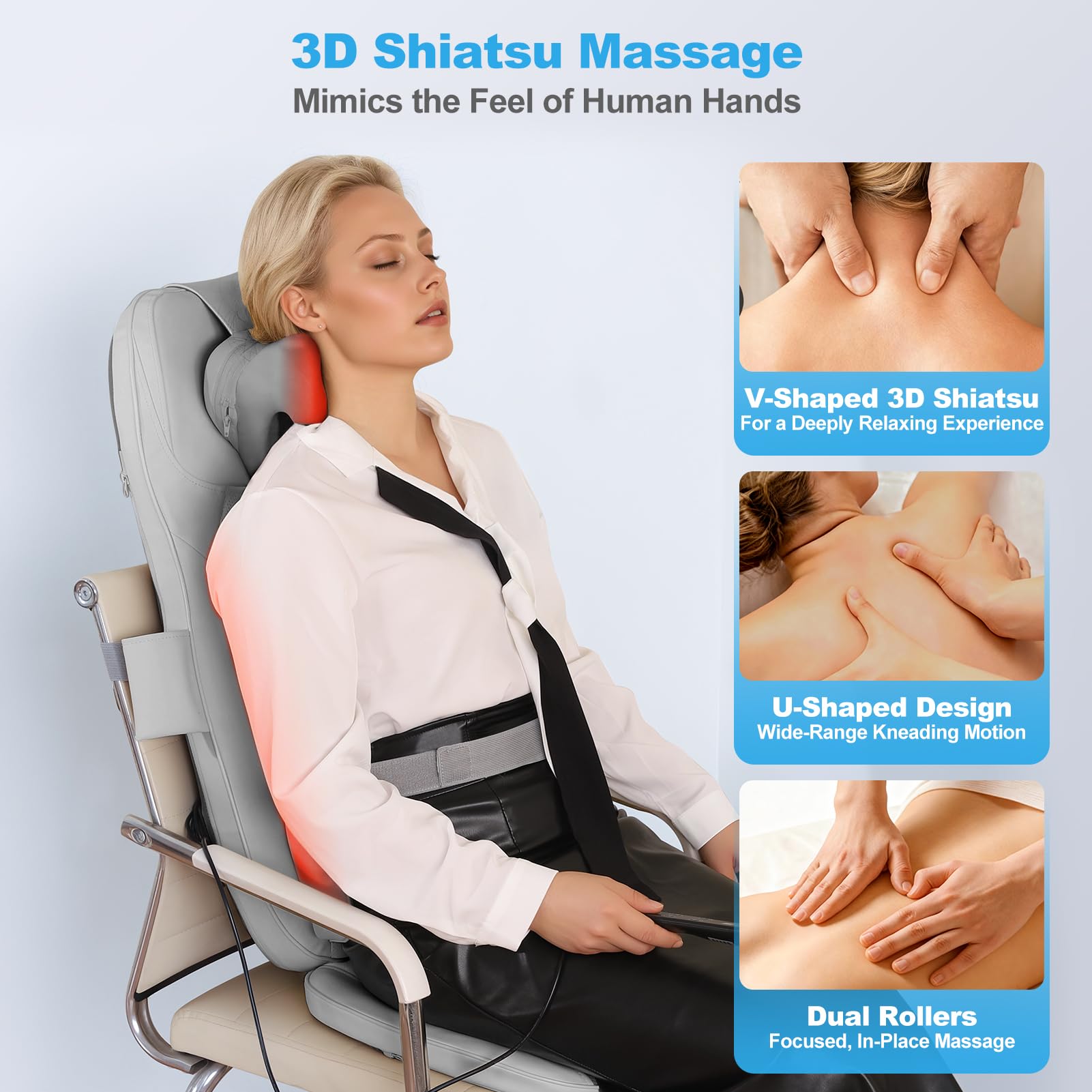 Shiatsu masajeador de cuello y espalda con calor, enrollado, vibración y amasado para aliviar la fatiga, cojín de asiento de masaje de espalda completa de intensidad y altura ajustable para