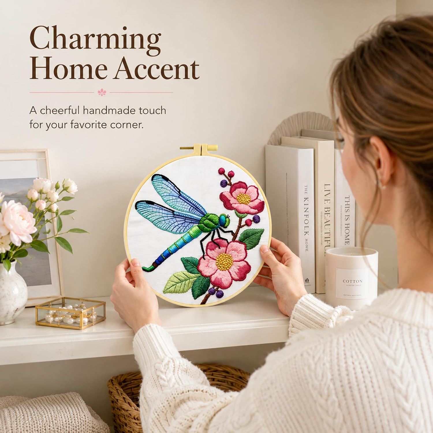 Qvthpv Embroidery Kit for Beginners, Stamped Blue Dragonfly Flowers image 5