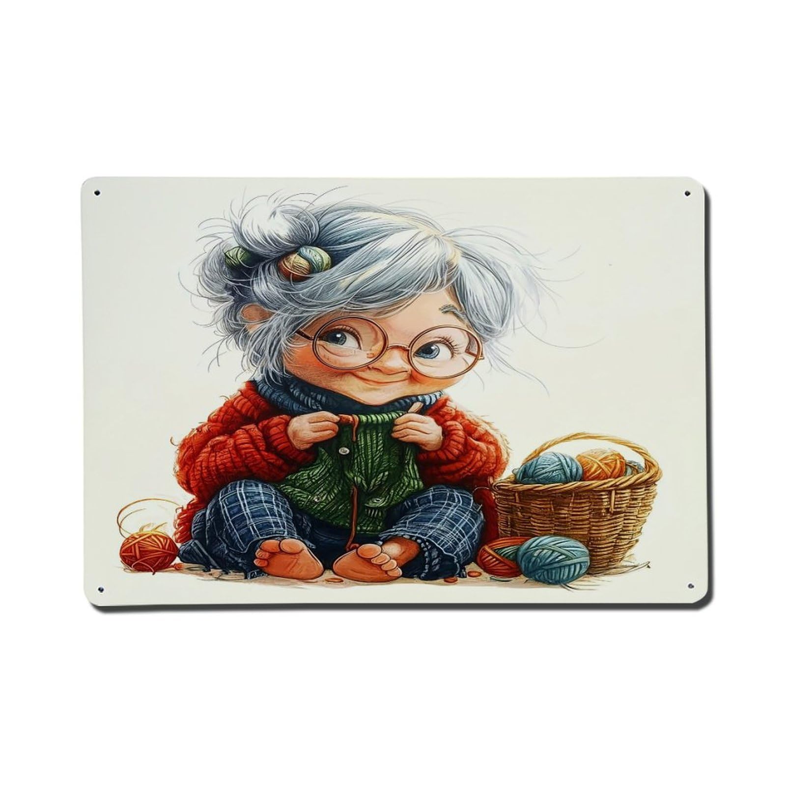 Cute Granny Knitting Yarn Basket Metal Tin Sign Plaque