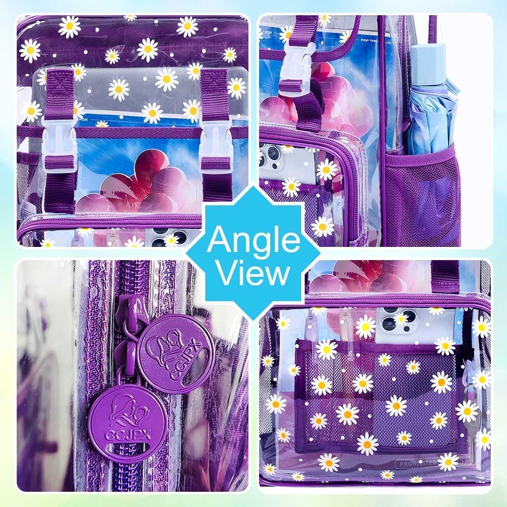 3Pcs Clear Backpack for School, Girls Kids Transparent Bookbag Set, 17" Daisy Stadium Approved See Through Backpack with Lunch Box (Deep Purple)
