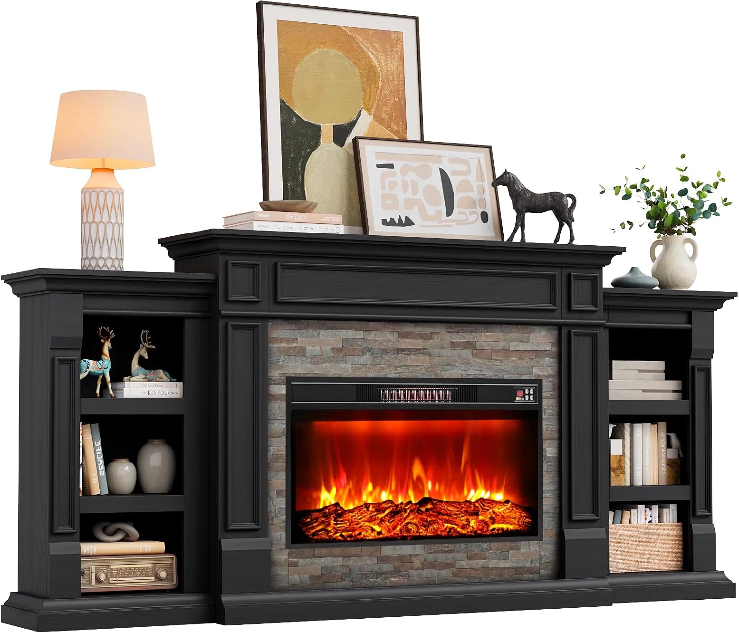 80" Fireplace TV Stand, Electric Fireplace with Mantel for TVs Up to 90 Inch, Modern Entertainment Center with Storage, Realistic Stacked Stone Surround with 30'' Fireplace for Living Room, Black