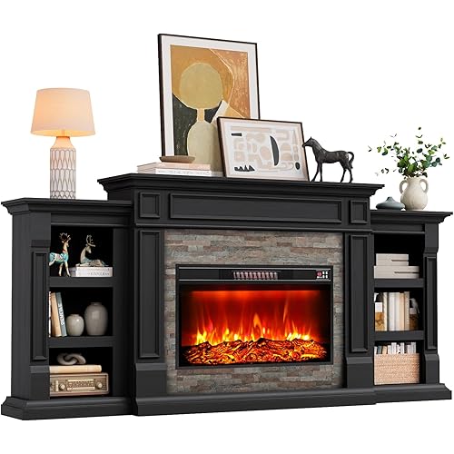 80" Fireplace TV Stand, Electric Fireplace with Mantel for TVs Up to 90 Inch, Modern Entertainment Center with Storage, Realistic Stacked Stone Surround with 30'' Fireplace for Living Room, Black