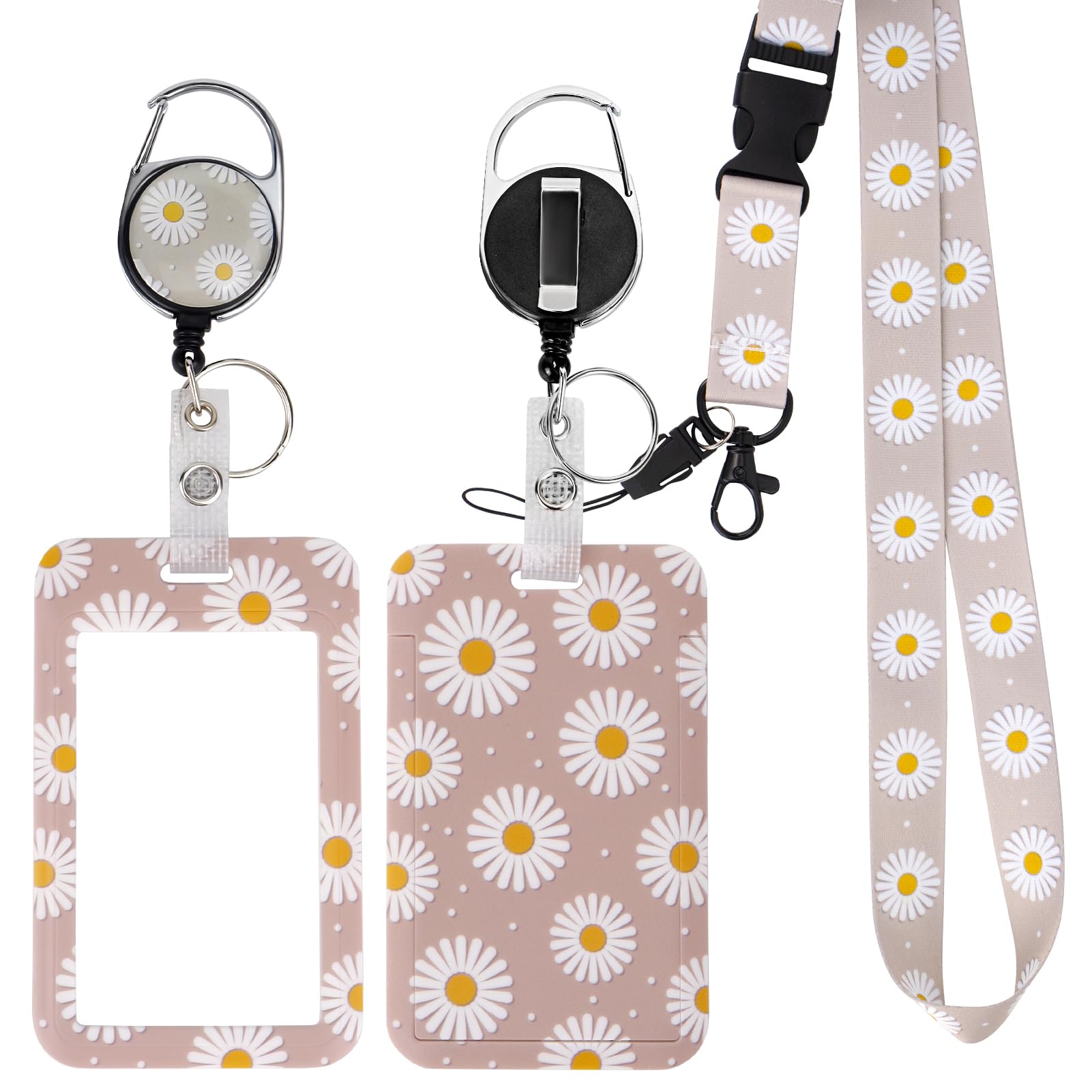 ID Badge Holder with Detachable Lanyard, Retractable Badge Reel, Removable ID Tag Clip, Neck Lanyard (Daisies Light Pink)