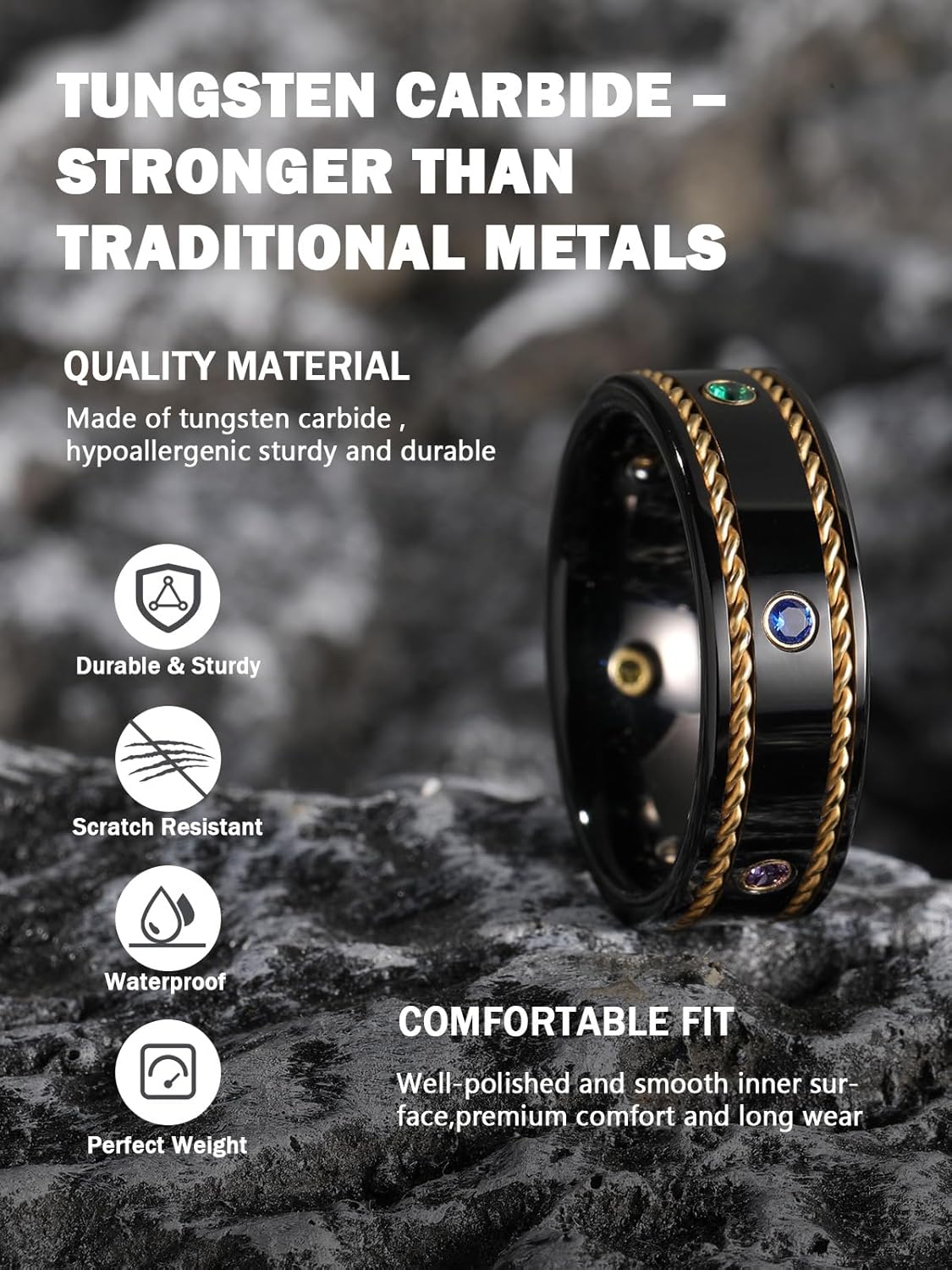 NUNCAD 8mm Tungsten Ring for Men, Black and 14K Gold Twisted Cable Mens Wedding Band with Color Cubic Zirconia Inlay Comfort Fit, Size 7-12 - Image 3