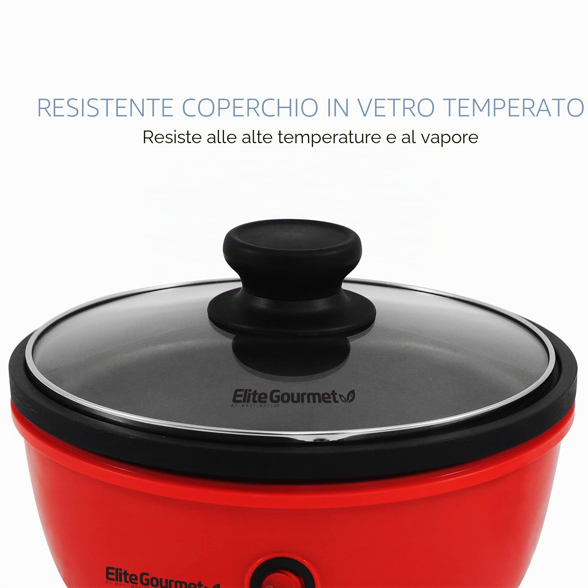 Elite Gourmet EGL-6101 padella personale riscaldamento rapido 650 Watt padella elettrica antiaderente con coperchio in vetro temperato, rosso