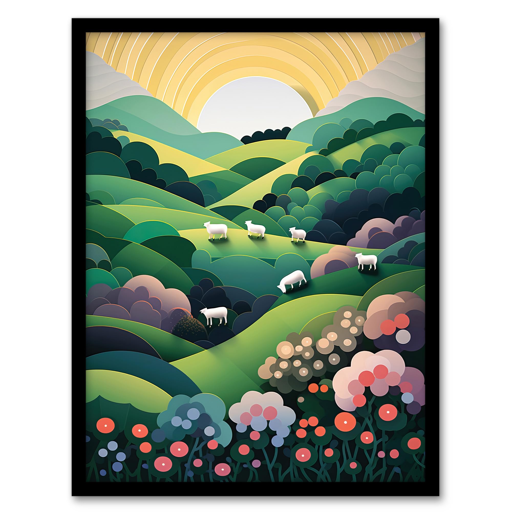 Artery8 Valley Of The Sheep Modern Digital Aesthetic Sunrise English Countryside Simple Flat Artwork Framed Wall Art Print A4
