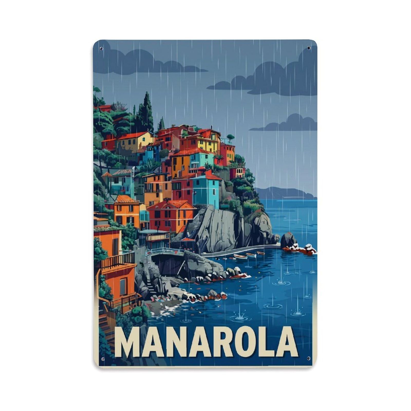 Huiyhb 8X12inch(20X30cm) Vintage Travel Manarola Italy Rainy Metal Tin Sign
