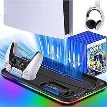 ElitePlay PS5 Cooling Station Stand with RGB Light Charging Station for PS5 Console, 2H Fast PS5 Controller Charger, PS5 Accessories with 6 Slot Game Disc Holder, Headset Mount