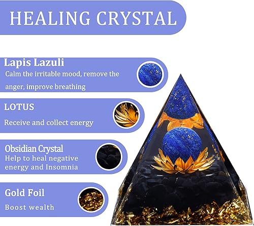 Miniatura 22 de Pirámide de orgón, pirámide de cristal de orgonita de obsidiana metafísica con flor de vida, generador de energía positiva de cristal curativo