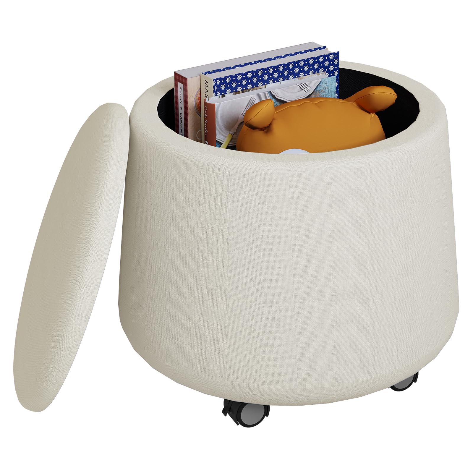 WOLTU Tabouret Rangement à roulettes, Repose Pied Salon, Pouf Rond Chambre, Coffre de Rangement Mobile avec Couvercle Amovible, Siège Rembourré, en Lin, Crème, SH91cm