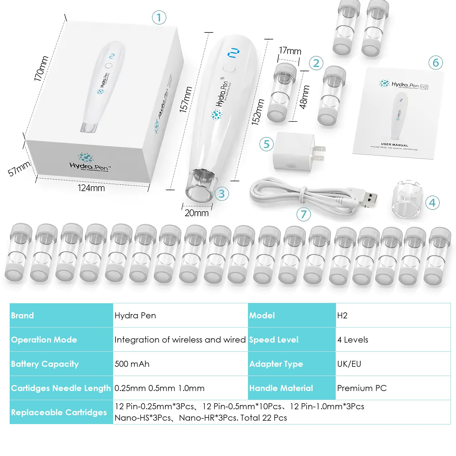 Hydra Pen H2 Micronadelstift, Professioneller Hyaluronpen-Serum-Derma-Jet-Pen, Serum-Applikator für den persönlichen Gebrauch zu Hause, mit 22 Ersatzpatronen-Nadeln