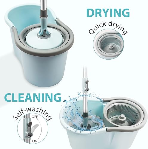 Miniatura 6 de Trapeador giratorio y cubo con juego de escurridor, sistema de cubo giratorio de 360 con 3 cabezales de repuesto de mopa de microfibra, mango