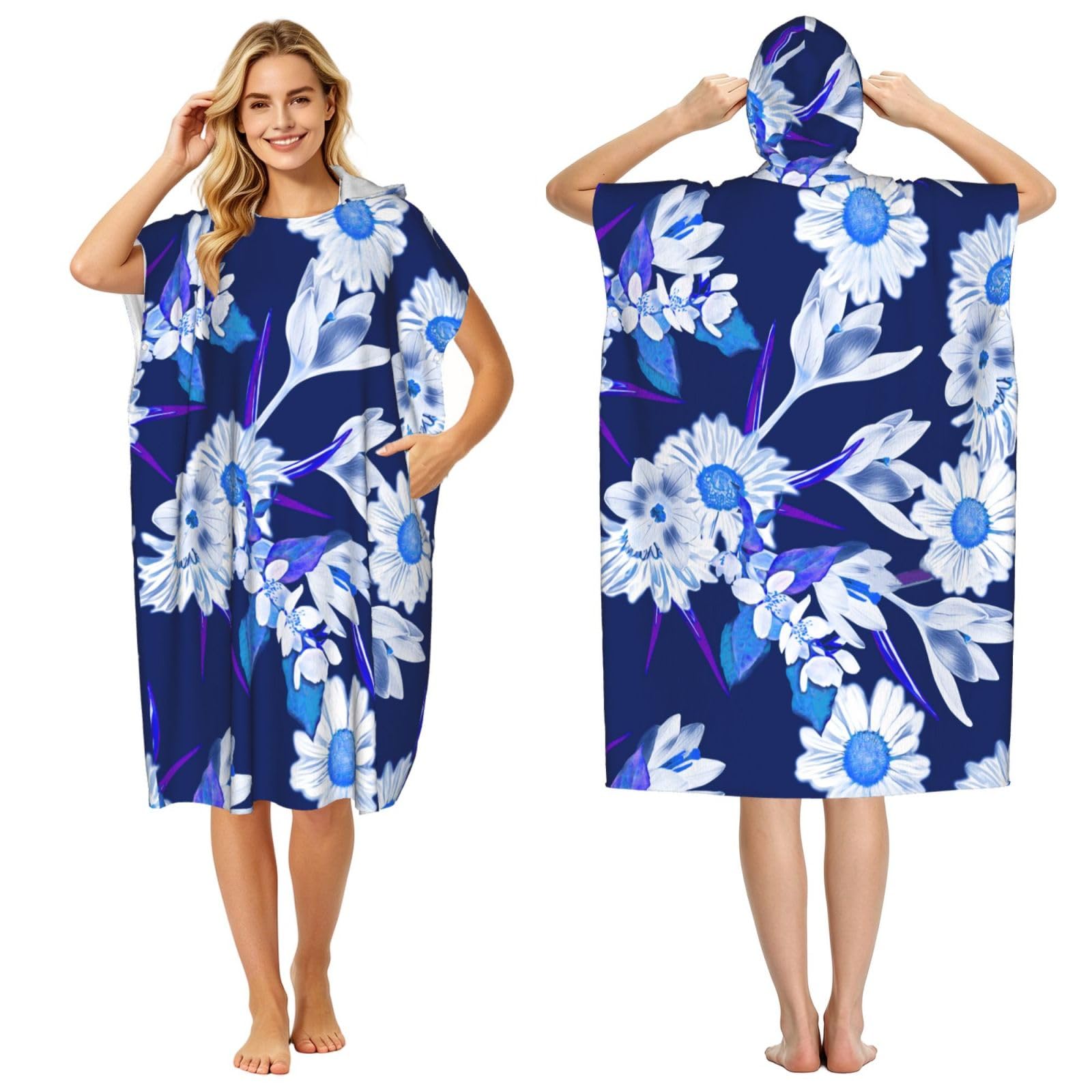 Poadnly Pretty White Flowers Blue Pattern, Adult Hooded Beach Towel 90 x 110 cm,Changing Bath Robe, Surf Poncho Towel For Women Men