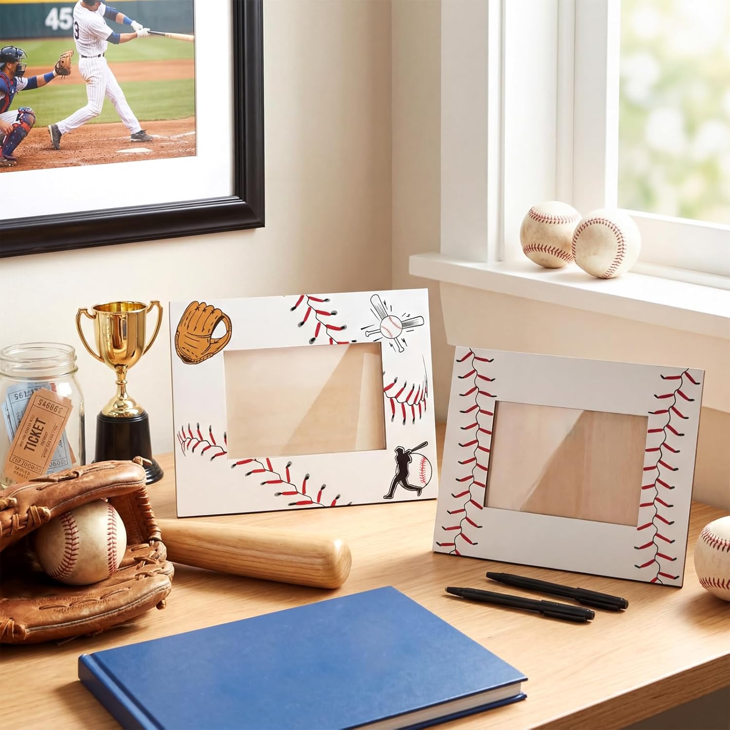Leinuosen 12 Pcs Baseball Picture Frame Bulk Baseball Senior Night Gifts Wooden Rotating Tabletop Display 4x6 Inch Photo with Acrylic Front & 2 Pens Sports Party Favors for Team Coach Player Fan Mom