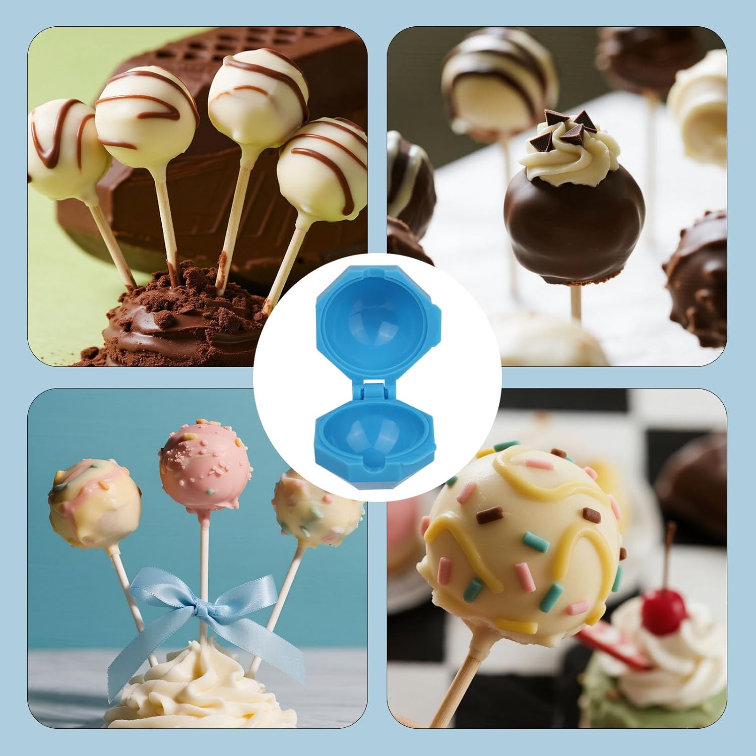 2pcs Round Cake Pop Molds, Sphere Cake Pop Circle Maker Plastic Baking Mold Shapes Tool for DIY Baking Home Kitchen Birthday & Party Dessert (Blue)