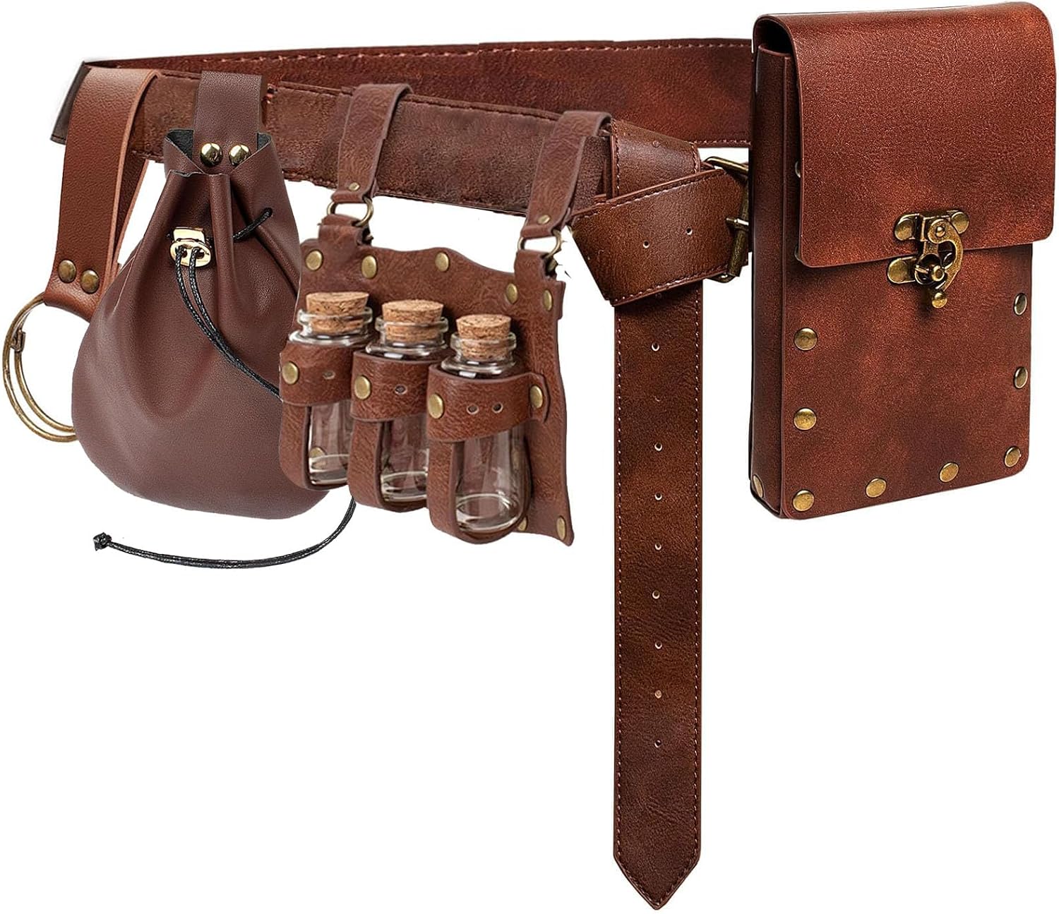 5 PCS Belt Pouch Waist Bag Retro Medieval Viking Leather Belt Magic Potion Bottle Renaissance Halloween Cosplay Costume Sets (Brown)