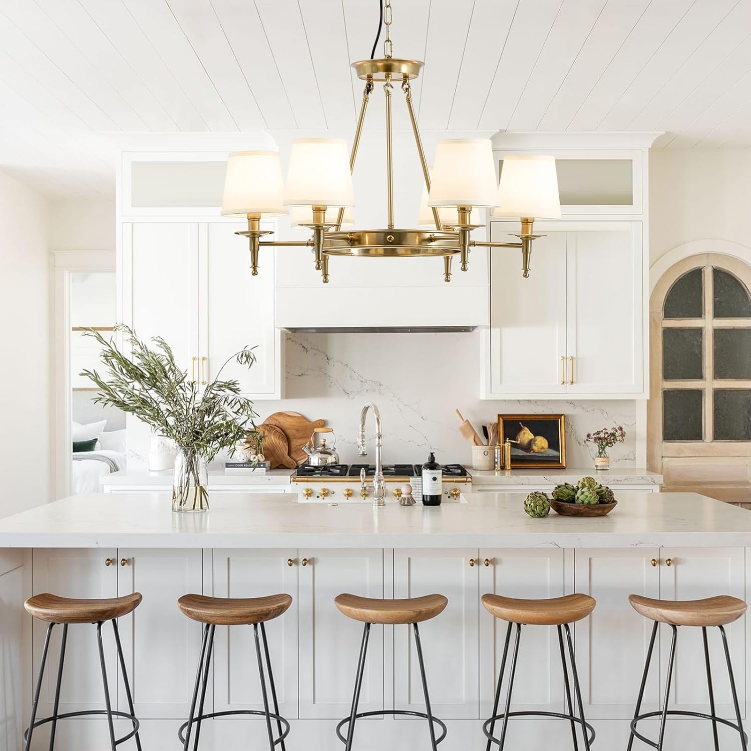 Brass Chandelier 6 Lights with White Fabric Linen Shade 29.52" W Gold Candle Pendant Light Fixture Modern Wagon Wheel Chandeliers for Dining Room Living Room Bedroom