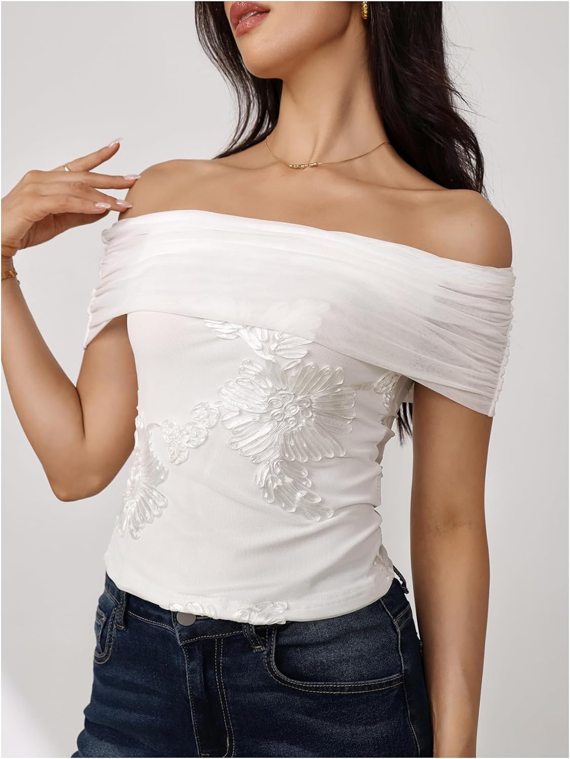 SweatyRocks Women's Off The Shoulder Mesh Blouse Floral Applique Short Sleeve Crop Tops - Image 3