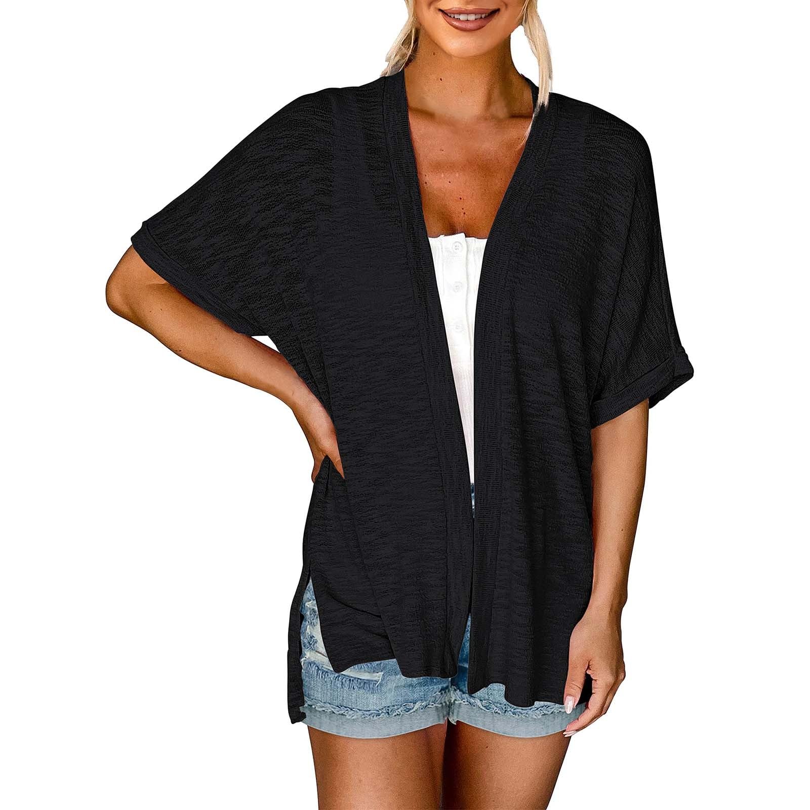 IQYU Cárdigan ligero de verano para mujer, fino, corto, manga corta, media manga, cárdigan de punto suelto, suave, kimono para playa, chaqueta de verano, sudadera de color sólido, chaquetas de entretiempo