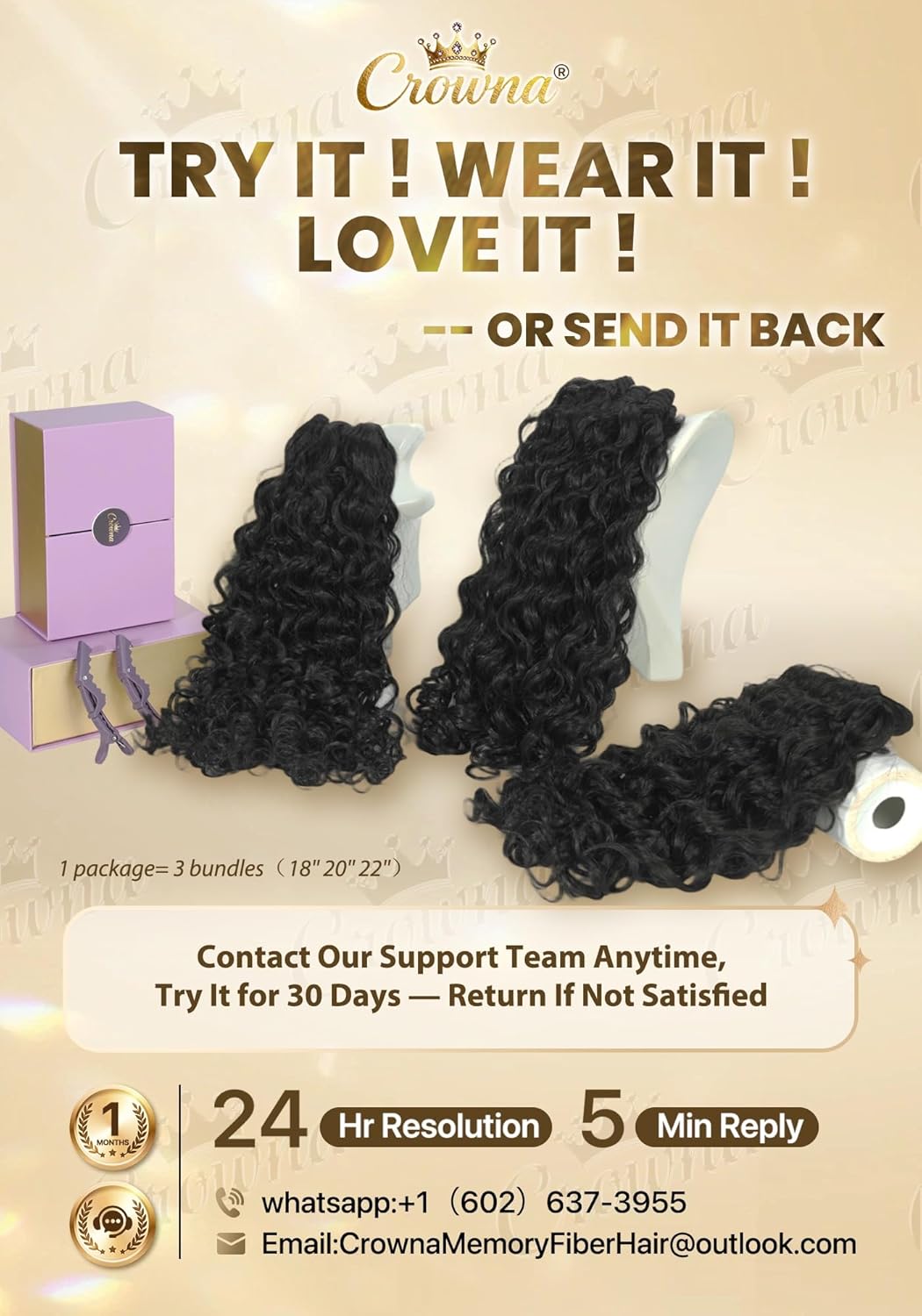 Crowna Burmese Curly Bundles 18 20 22 Inches Protein Fiber Hair Bundles,Same Lifespan as Real Human Hair,Human-Like Texture,3 Bundles for Women,Natural Black Hair Bundles.