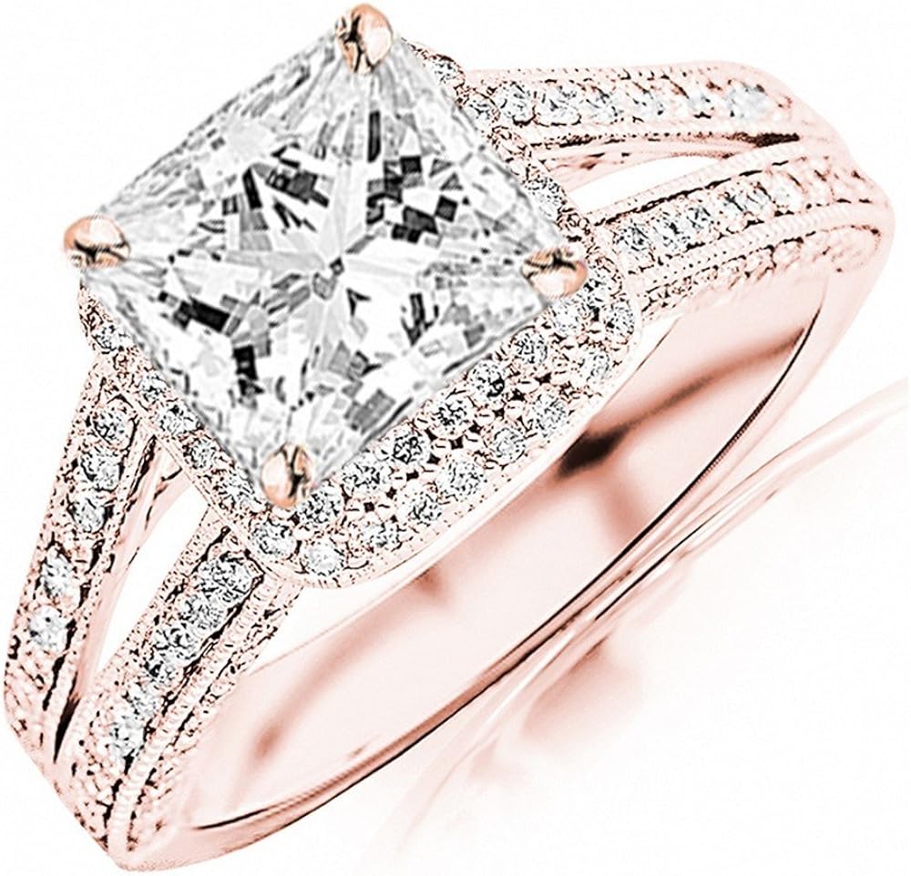 1.65 Carat 14K White Gold Split Shank Double Row Princess And Halo Pave Set Princess Cut Diamond Engagement Ring (0.9 Ct H Color VS2 Clarity Center Stone) | 