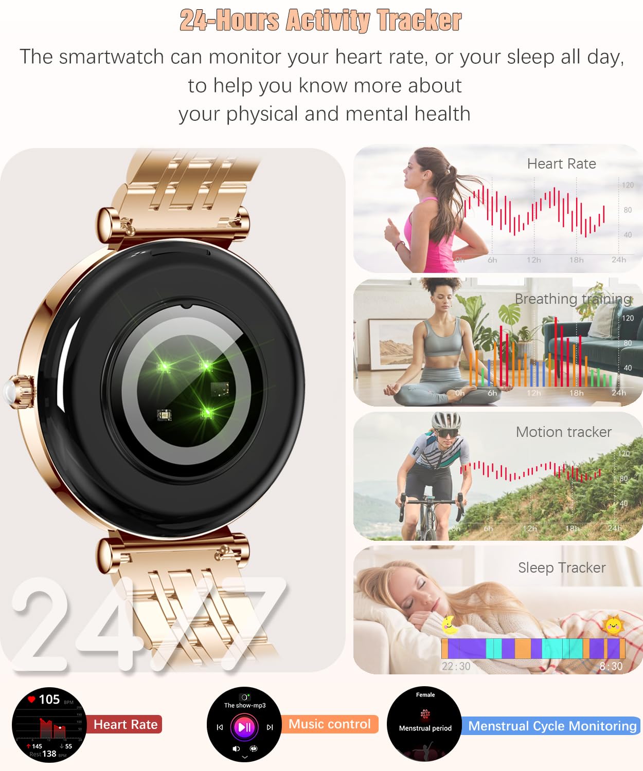 Damen Smart Watch 1,27 Zoll Farbbildschirm wasserdicht Fitness-Tracker Herzfrequenz Schlafmonitor Rose Gold für Android iOS