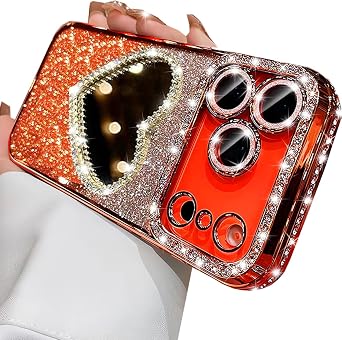 Changjia Glitter Mirror Case for iPhone 17 Pro Max,Cute Luxury Diamond Heart Makeup Mirror Bling Sparkly Rhinestones with Camera Protector TPU Bumper Women Girls Case for iPhone 17 Pro Max 6.9",Orange