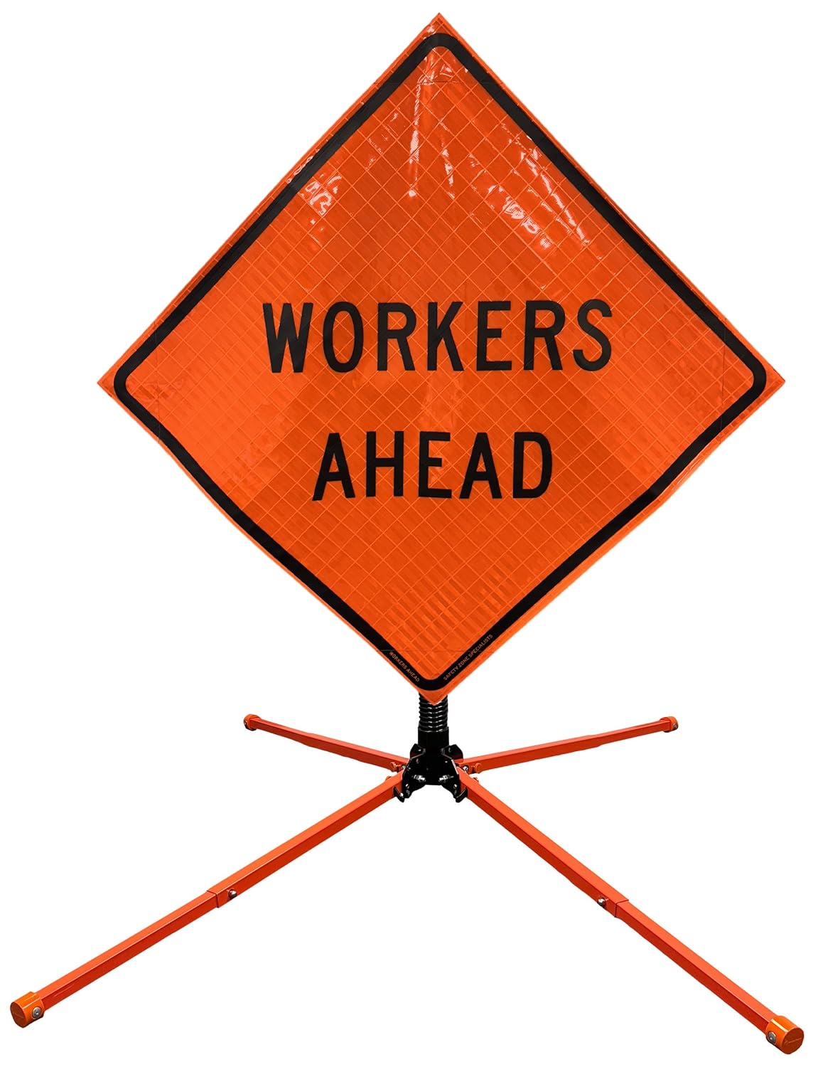 36" Reflective Road Sign with Stand Kit, Super Bright Vinyl Safety Roll Up Sign, Steel Spring Stand for Traffic Control and Road Signal (Workers Ahead)