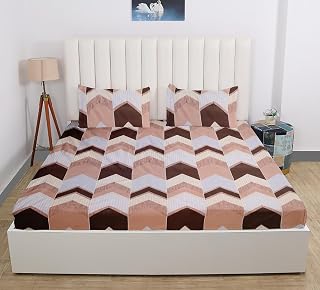 Tript Elastic Fitted Glace Cotton King Size (78x72 inches Upto 6 Inches) bedsheet for Kids with 2 Pillow Covers - 200TC Brown Zig Zag