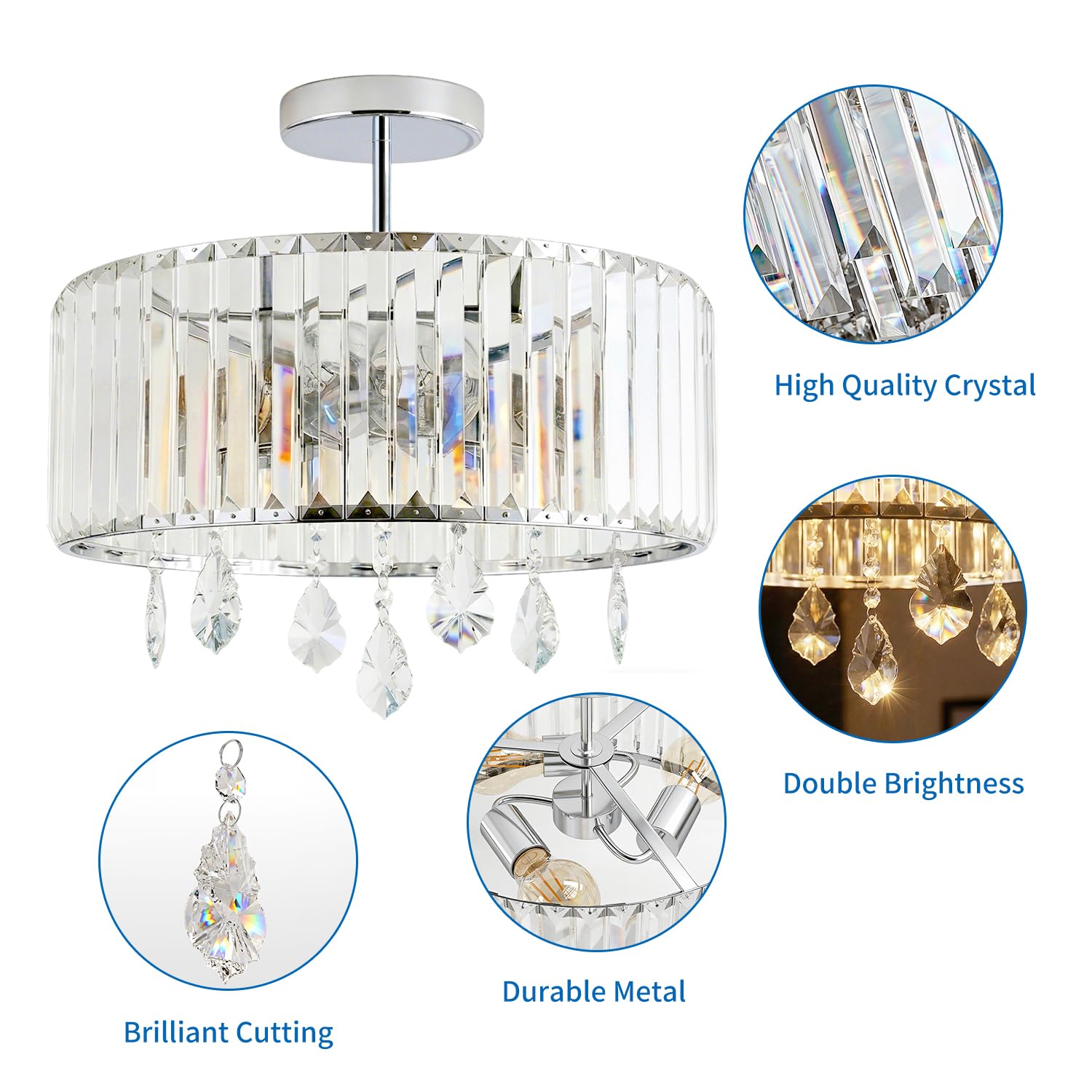 ANWIO Lampadari Cristallo Argento, Plafoniere Soggiorno Argento con 3 Luci, Lampadario a Sospensione Moderno E27, Plafoniere Vetro Per Camera da Letto, Ristorante, 36.5 CM (Senza Lampadine) Kitchen