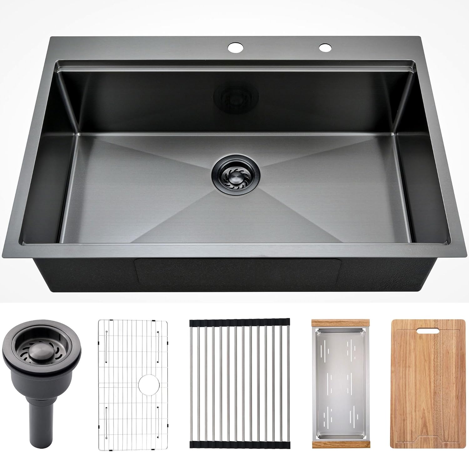 33x22x10 Drop In Kitchen Sink, Nano Black 304 Stainless Steel Deep Single Bowl with Efficient Drainage & Tarnish-Resistant Finish for Bar, Laundry, RV, Includes Accessories