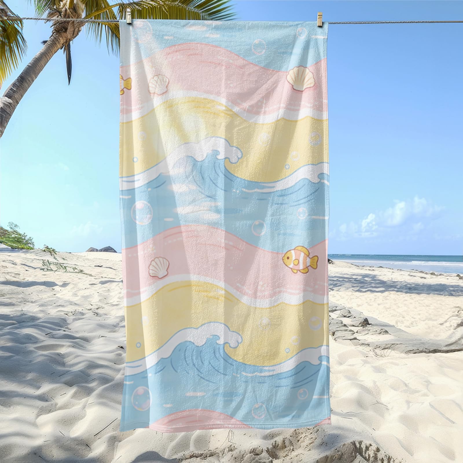 Fouta PlageVagues Jaunes Bleues Roses Modèle Surdimensionné avec Diverses Tailles, Respirante et Portable, Parfaite pour Voyages Sorties Piscine et Usage Extérieur Quotidien 90x160 cm