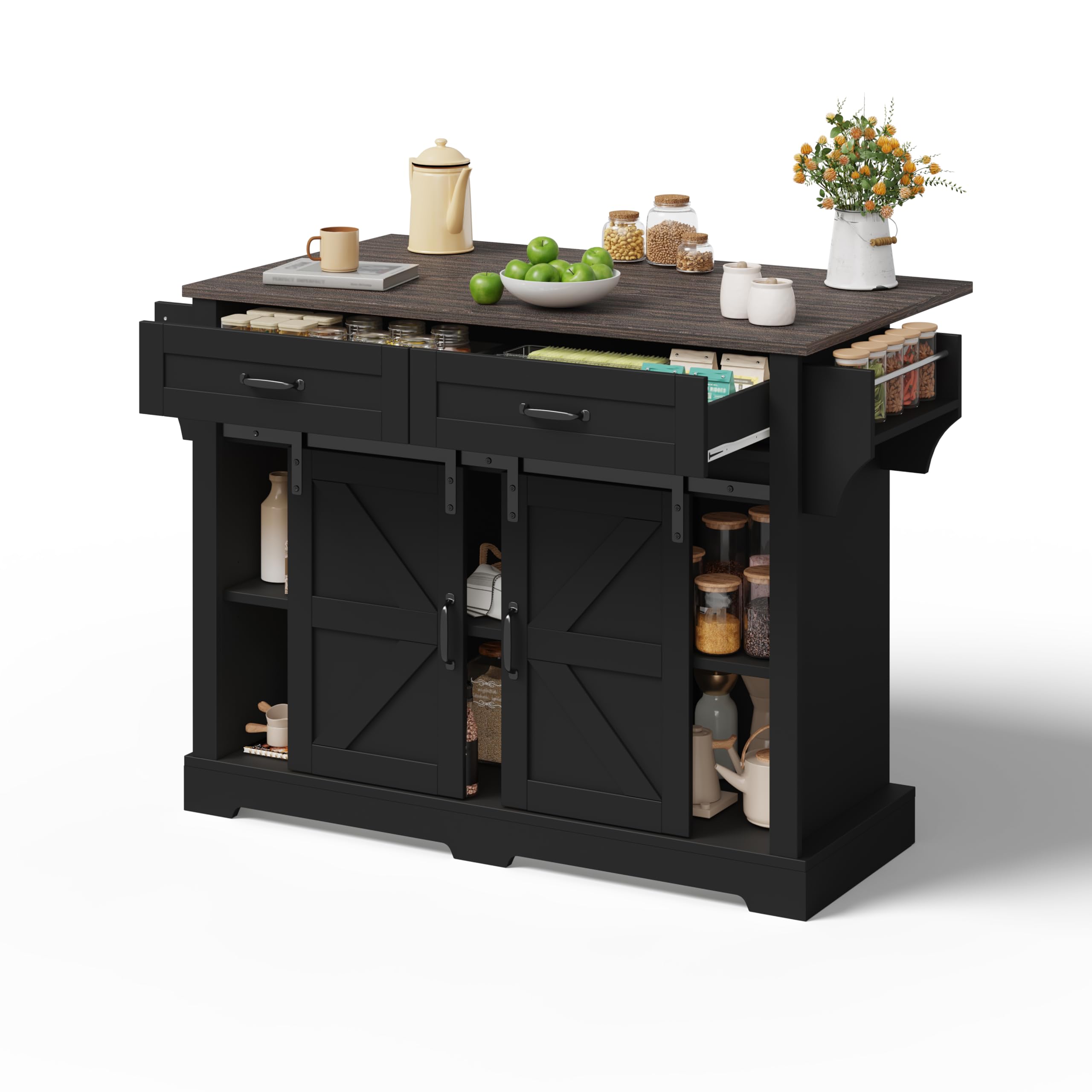 Merax Kücheninsel Freistehend mit Klappbarer Arbeitsplatte, Bewegliche Küchenwagenl mit Schiebetüren, 5 Rollen, Schrank, 2 Schubladen, Gewürzregal und Handtuchhalter, 120x70x91cm (Schwarz)