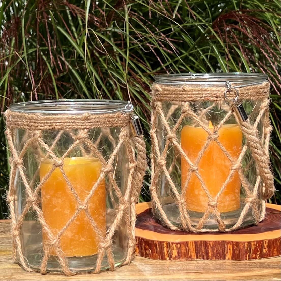 Fishermans Hurricane Candle Lanterns, Set of 2, Clear Glass, Netted Jute, Rope Wrapped, Handles, 5.25 D x 7 H Inches