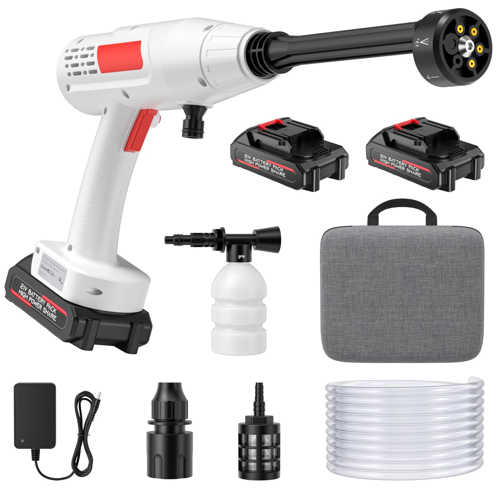 Rondella ad alta pressione a batteria, max 30 bar, 435 PSI, con 2 batterie da 10000 mA. Spruzzatore di schiuma, tubo da 5 m, ugello multifunzione 6 in 1, idropulitrice portatile ad alta pressione per
