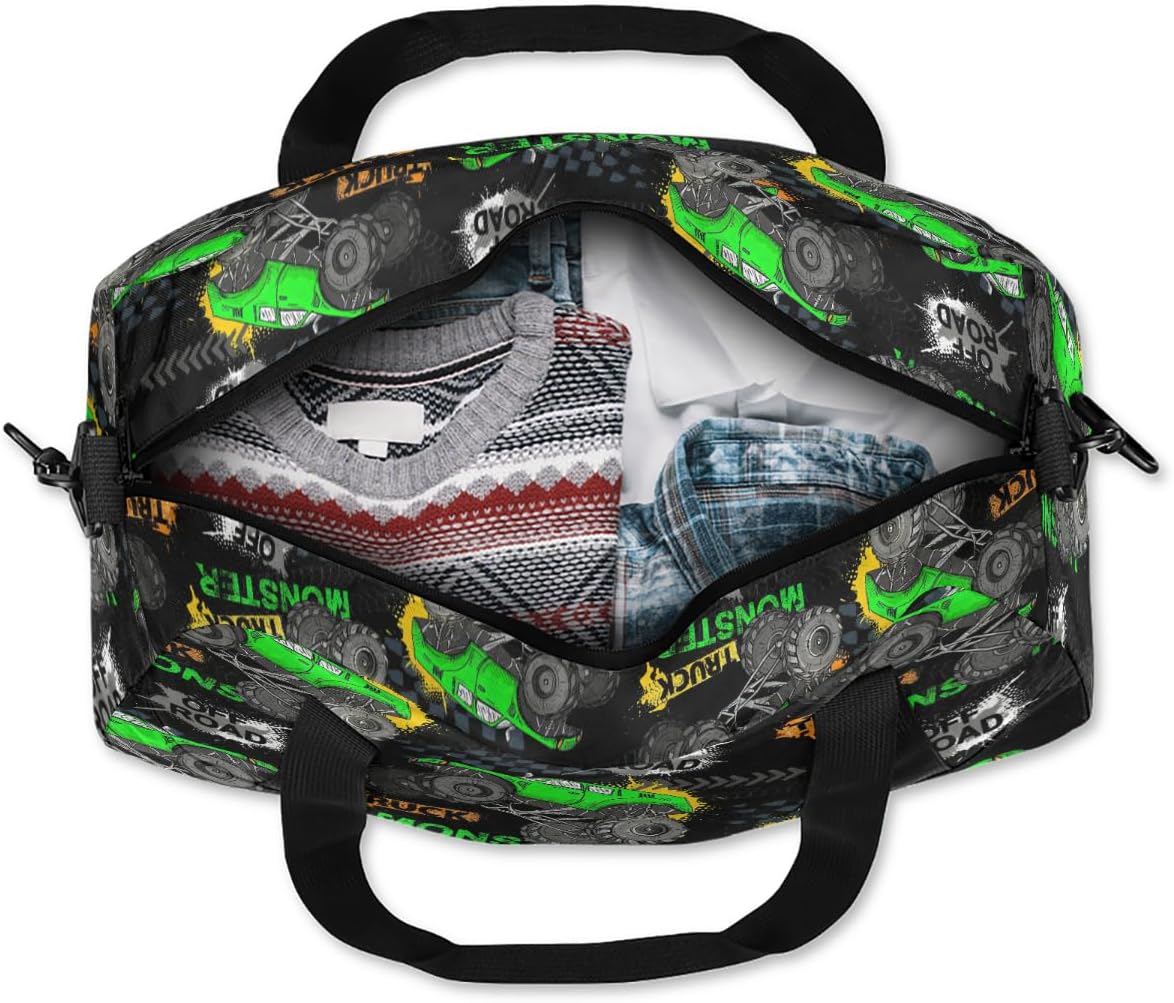 Gym Travel Duffle Bag for Boys - Green Monster Car Trucks Kids Overnighter Weekend Bag with Front Zipper Pocket for School Practice, Teens Carry-On Size Sleepover Bags - Image 5