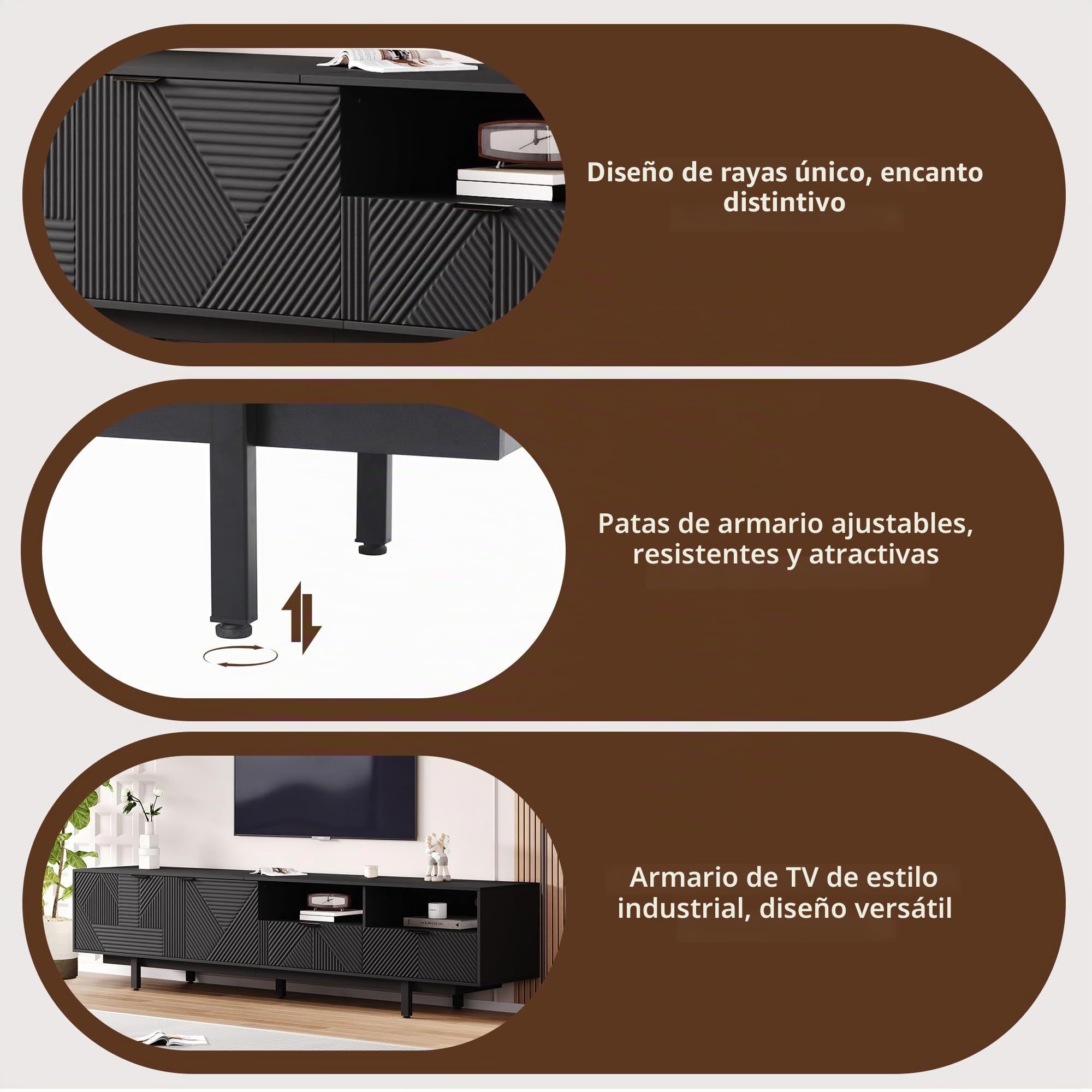Mueble para TV de 200 cm, Soporte para TV de 90 Pulgadas con Puertas, Cajones y gestión de Cables, Armario Bajo con Espacio de Almacenamiento para Salón Dormitorio, Negro