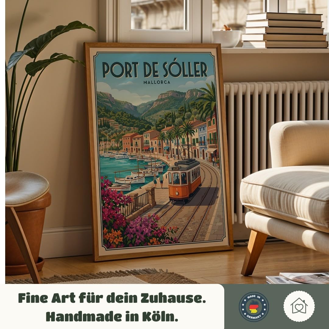 MJ-GRAPHICS® Wandbild Hafen Tram Poster Port Soller Kunstdruck mediterran Bilder Landschaft Deko Sommer Stadtbild Palmen Wanddeko Wohnzimmer Retro Vintage 50x70 mit weißem Rahmen