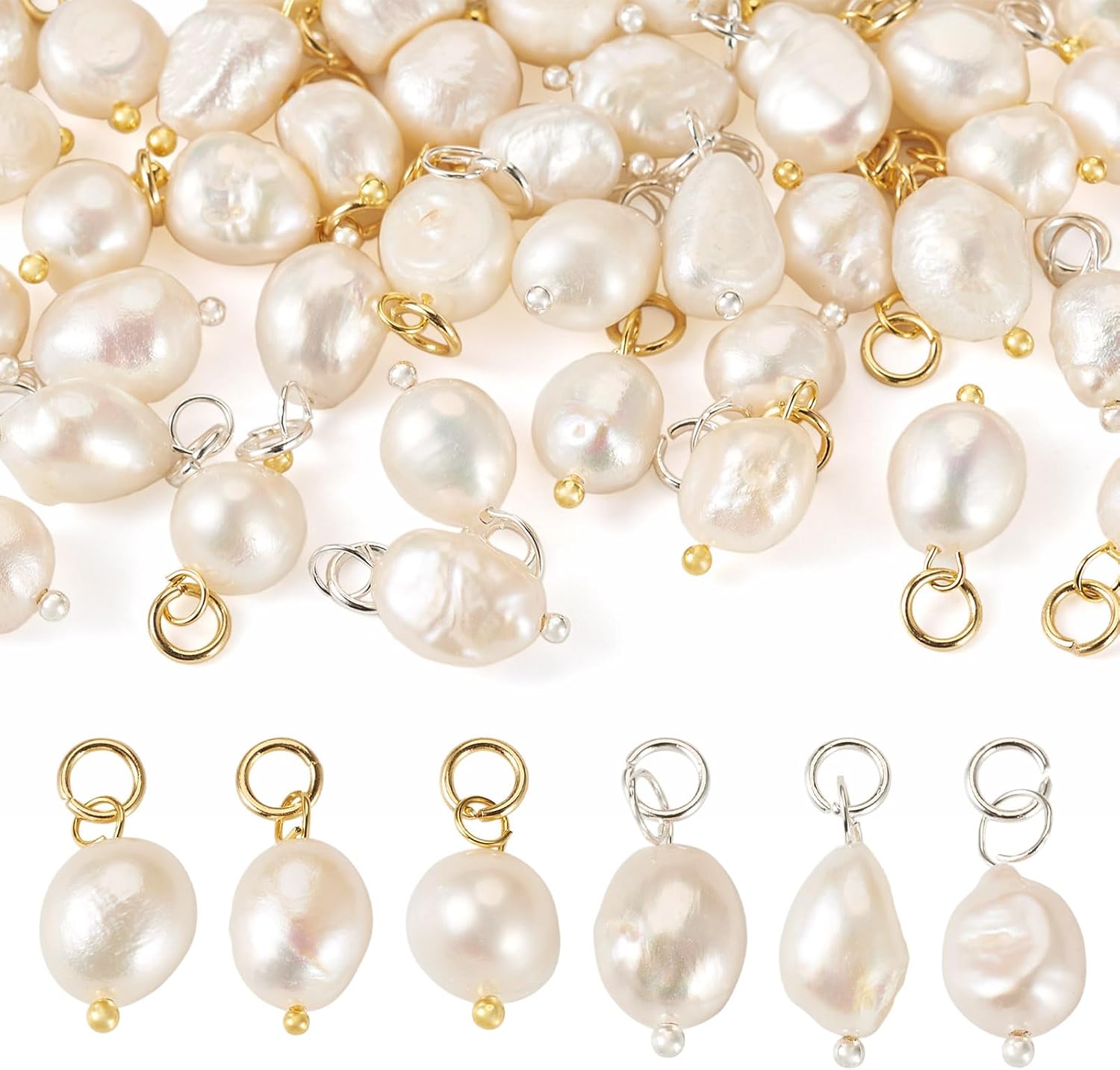 Cheriswelry 40Pcs Natural Pearl Pendants White Rice Pearl Charms Link with Jump Rings 13.5-15mm for DIY Necklaces Bracelets Earrings Jewelry Making