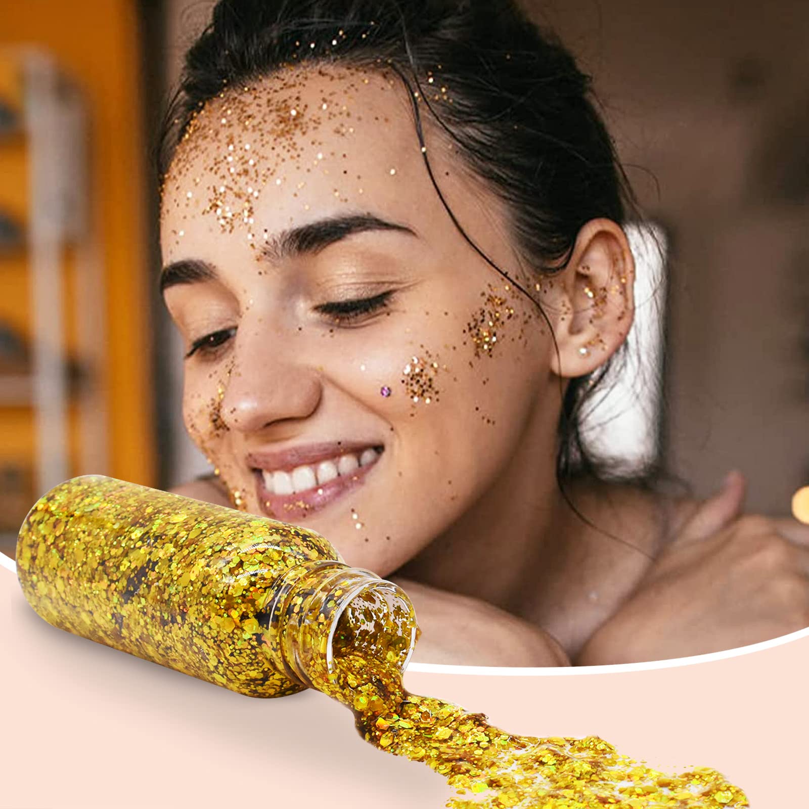 6 Bottiglia Glitter Body Gel,Brillantini Make Up,Gel Glitterato Viso con Lustrini,per Viso,Unghie,Occhi,Labbra,Capelli,Corpo,per Musica,Festival,Feste in Maschera(Bianco/Oro/Argento/Rosa/Verde/Viola)