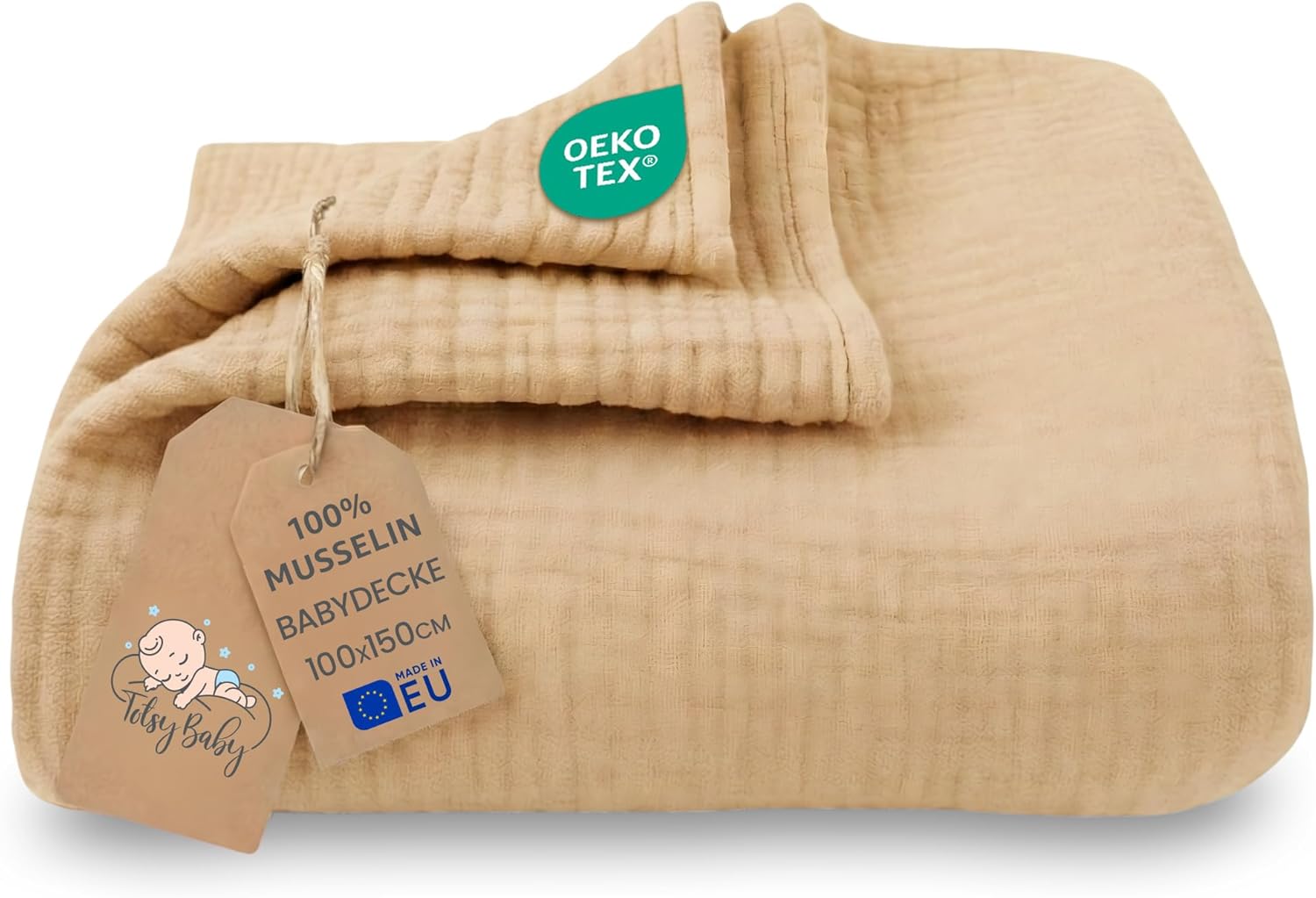 Couverture en mousseline de coton pour bébé 100 x 150 cm – Plaid gaze câlin drap d’emmaillotage en mousseline pour enfant tissu d’emmaillotage fin linge de lit léger pour bébé pour petit certificat Oeko-Tex beige