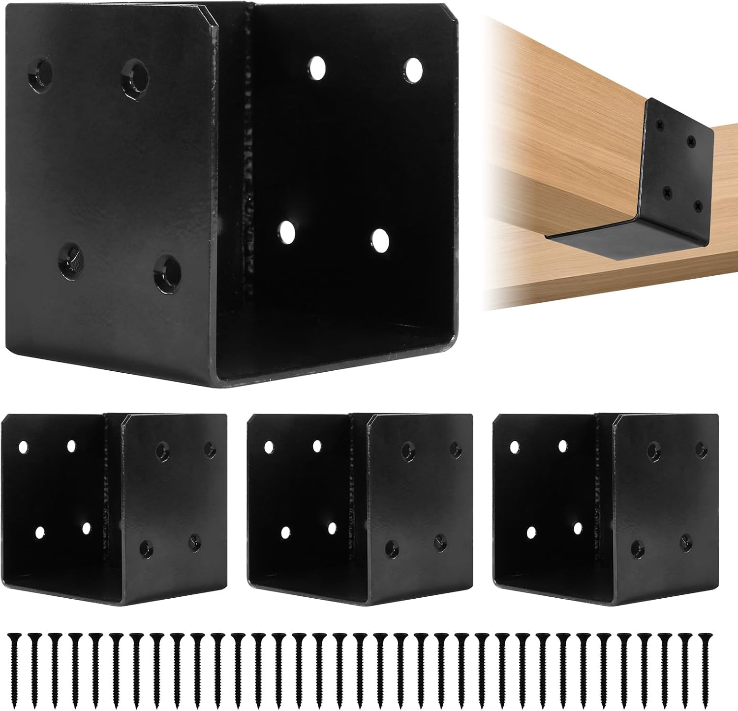 Deck Railing Brackets Connectors for 4"x4", 4"x6" Railing Wood Post, Heavy Duty Mounting Joist Hanger Brackets with Screws, Black 4 Pcs