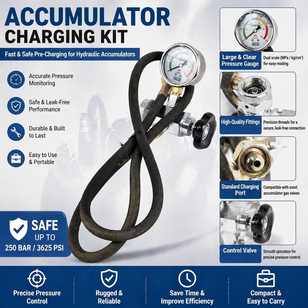 TieMin Hydraulic Diaphragm Accumulator Nitrogen Charging Tool Kit with 3500 PSI (25MPa) Pressure Gauge, M28x1.5 Hose Adapter & Gas Hose for Accumulator Pressure Testing & Filling