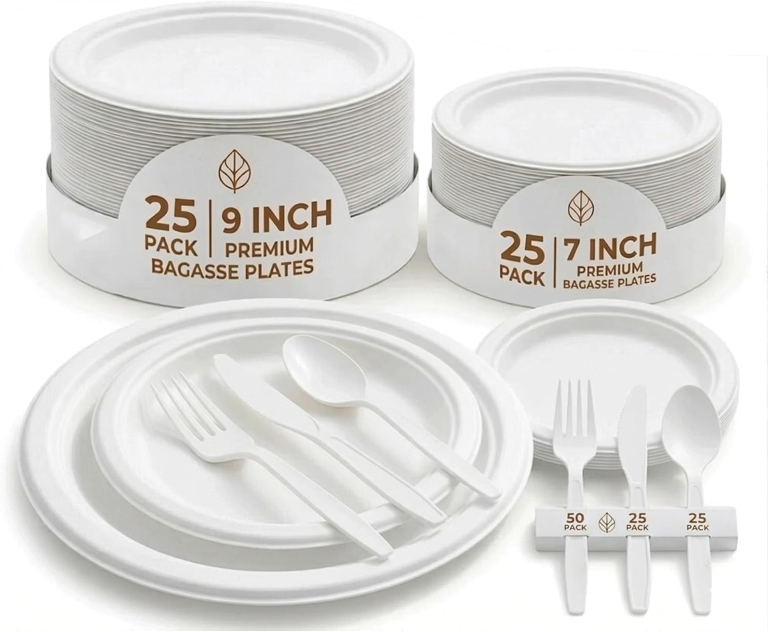 150PCS Compostable Plates Sugarcane Utensils Paper Plate Disposable Heavy Duty, Eco Friendly Dinnerware Set for 25 Guests Includes 25 Biodegradable Plates Spoons, Knives & 50 Forks for Brithday Party